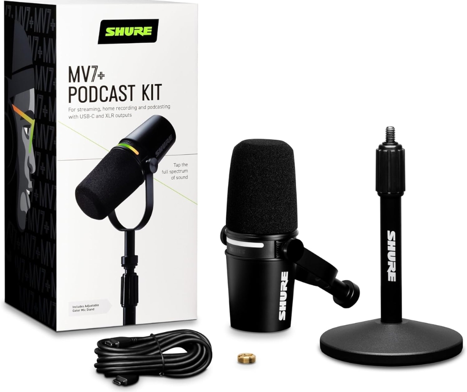 All You Need to Start a Podcast at Home - Podcast Starter Kit Shure MV7+ Podcast Dynamic Microphone with Stand