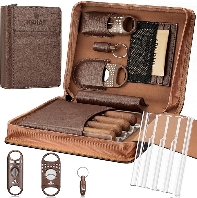 Cigar Humidor Case, Portable Cigar Box with Straight Cutter, V Cutter, Hole Puncher, Humidifier Packs, Travel Humidor and Cigar Accessories Gift Set Leather Cigar Case (Brown)