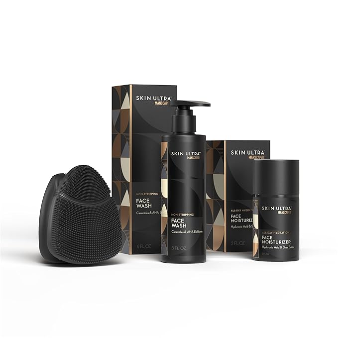 MANSCAPED® Skin Ultra™ Starter Kit - Men's Daily Skincare Routine with Face Buffer PRO Electric Silicone Scrubber, Exfoliating Face Wash with Ceramides, Facial Moisturizer Infused with Hyaluronic Acid