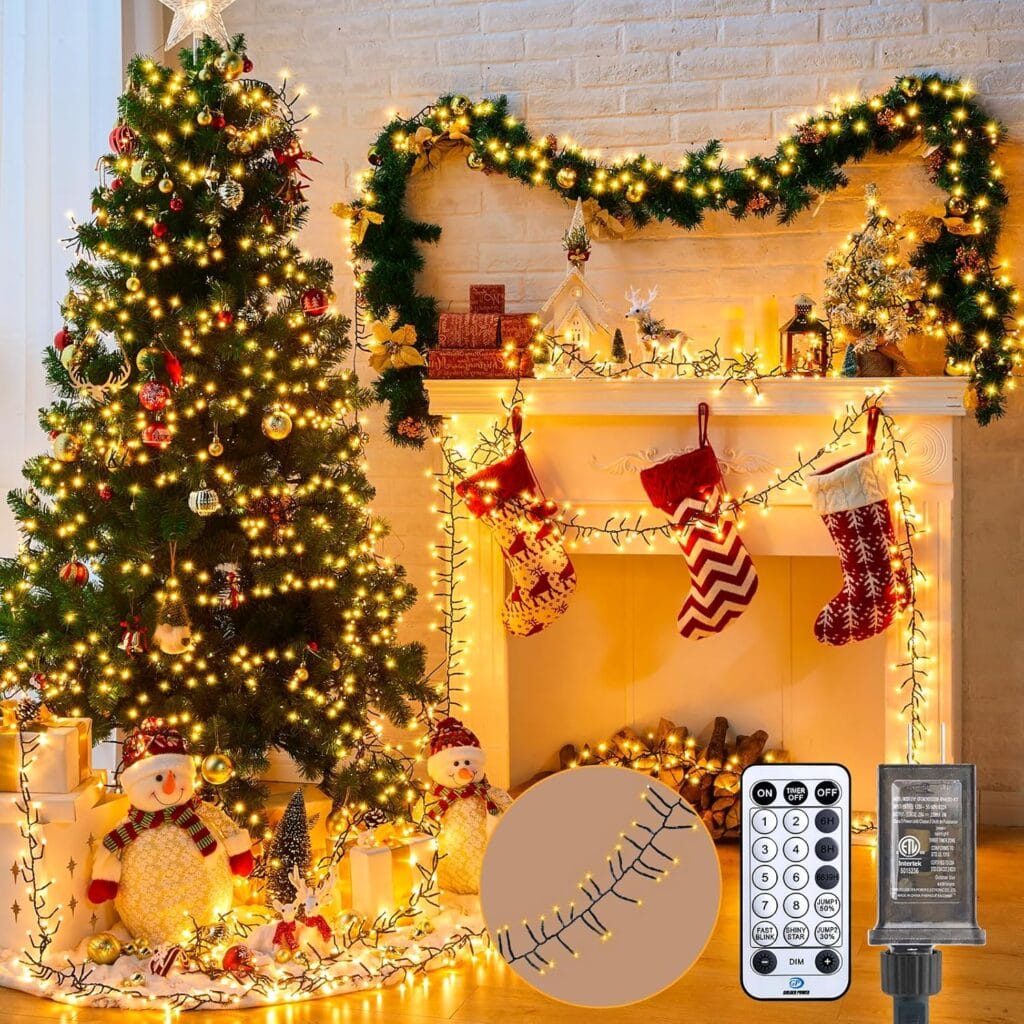 Cluster-Lights-Christmas-Tree-Lights-Outdoor, 1000 LED 50 Ft Christmas Firecrackers String Lights, 12 Modes Timer Remote Waterproof Plug in Twinkle Fairy Lights for Xmas Tree Garland Window Party